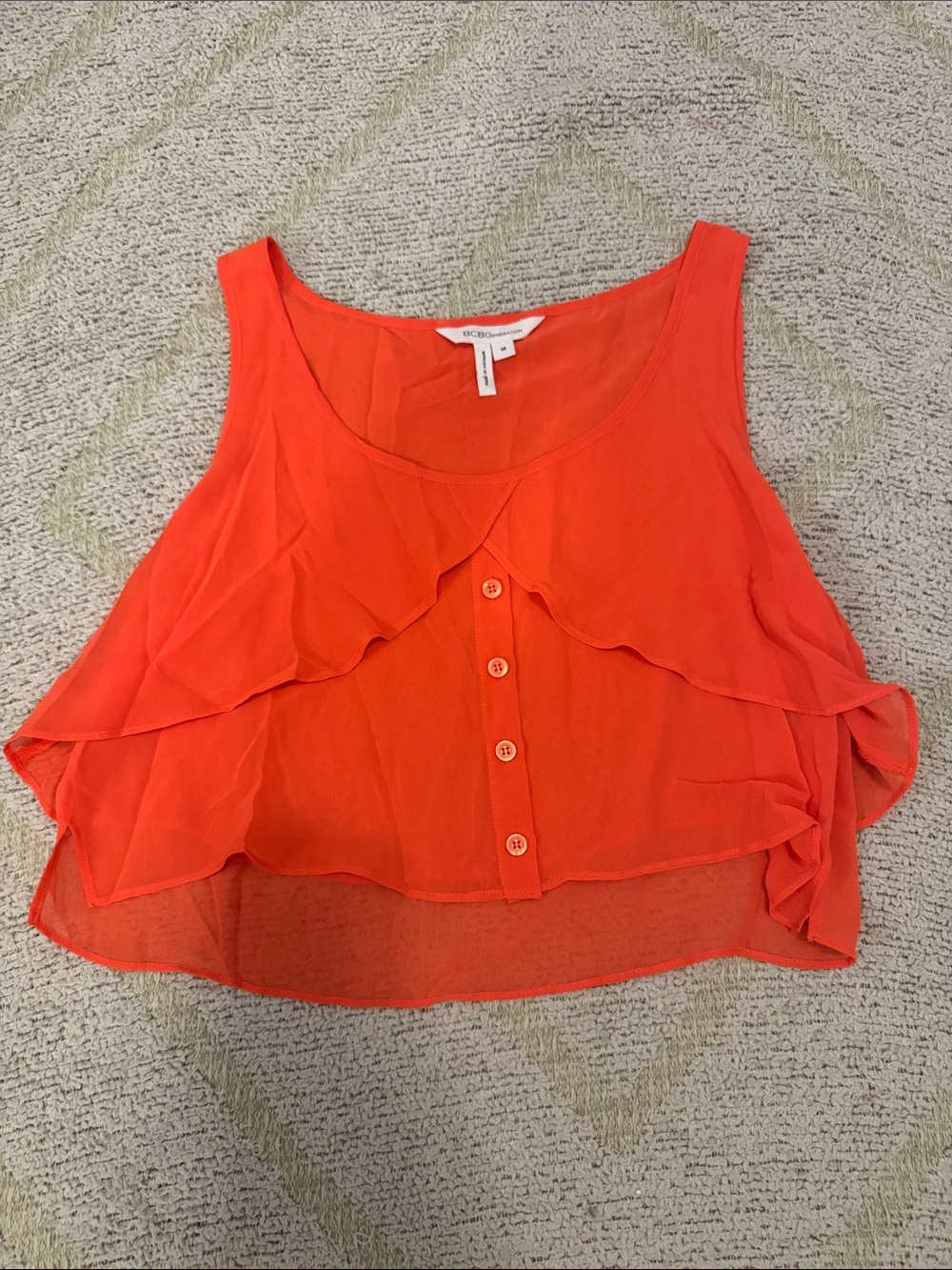BCBGeneration Neon Coral Ruffle Button Front Crop Tank Top Size Medium